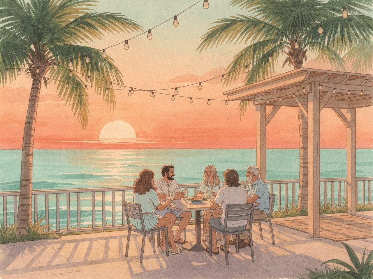 Painted illustration of a small waterfront community gathering at sunset.