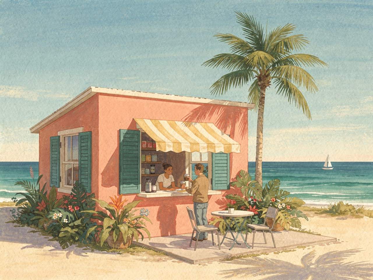 Painted illustration of a coral island café with a striped awning and a welcoming owner.