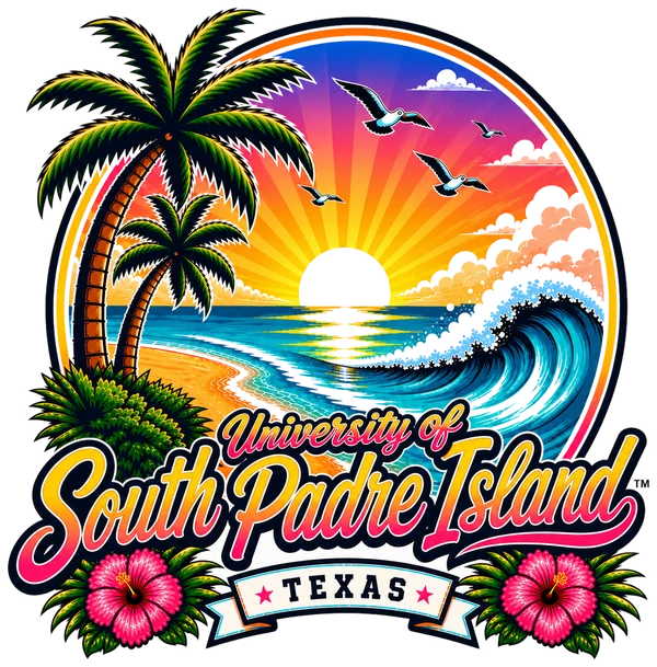 University of South Padre Island, Texas: the original illustrated sunset, palms, and wave badge